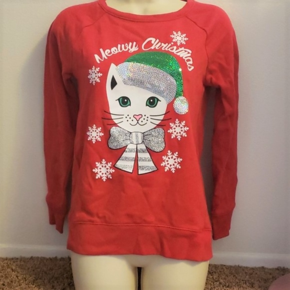SALE! Cat/Kitty Meow Sz 14 Christmas Cozy Crewneck - Picture 1 of 6